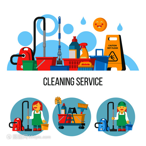 清洁服务清洁用具穿着工作服的专业女佣带着吸尘器水桶黄色湿地板标志